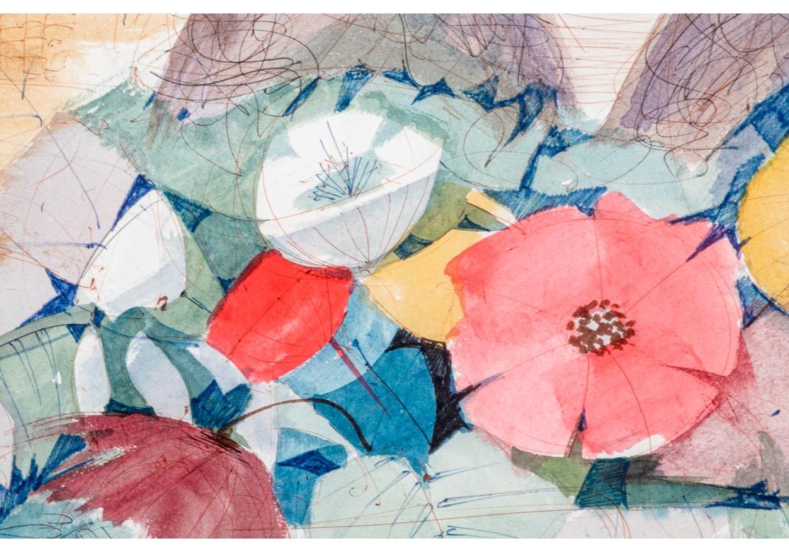 Charles Levier (französisch, 1920 - 2003) Großes Aquarell- und Tusche Mädchen mit Blumen (Handbemalt) im Angebot