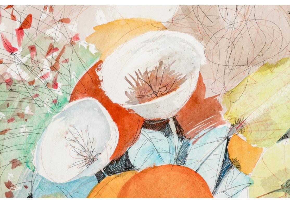 Charles Levier (French, 1920 - 2003) Large Watercolor & Ink Girl With Flowers In Fair Condition For Sale In Bridgeport, CT