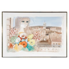 Charles Levier (French, 1920 - 2003) Large Watercolor & Ink Girl With Flowers