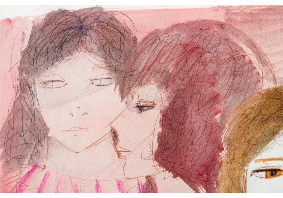 Acuarela y tinta que representa a un grupo de mujeres con expresiones desamparadas y melancólicas, posiblemente sobre una escena callejera con un toldo y una ventana al fondo.
Firmado abajo a la izquierda.
Presentado en un marco liso y texturado en