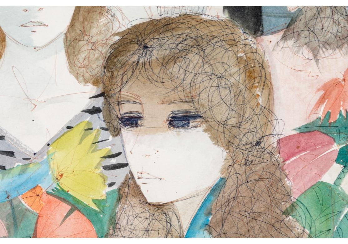 Mid-Century Modern Charles Levier (French, 1920 - 2003) Large Watercolor & Ink Group Of Women For Sale