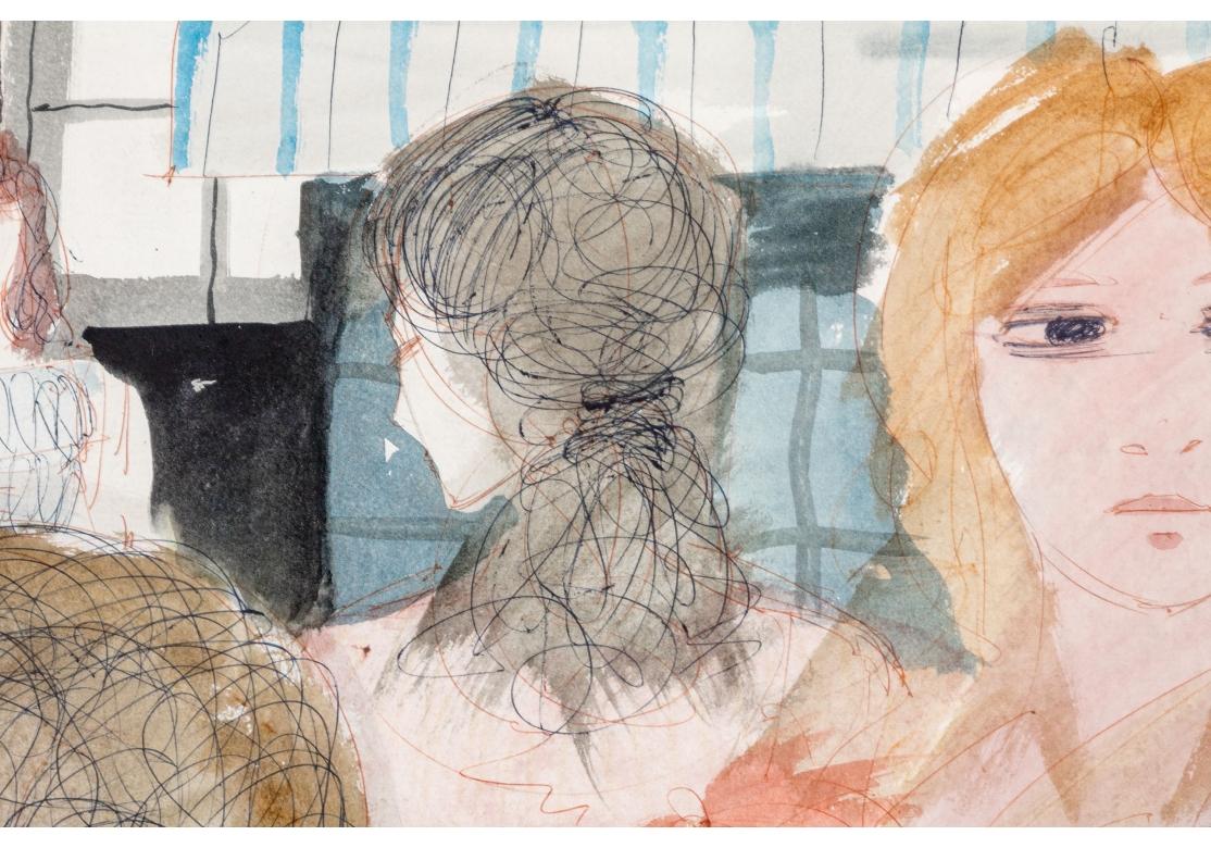 Charles Levier (French, 1920 - 2003) Large Watercolor & Ink Group Of Women In Fair Condition For Sale In Bridgeport, CT