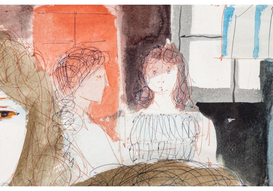 Metal Charles Levier (French, 1920 - 2003) Large Watercolor & Ink Group Of Women For Sale