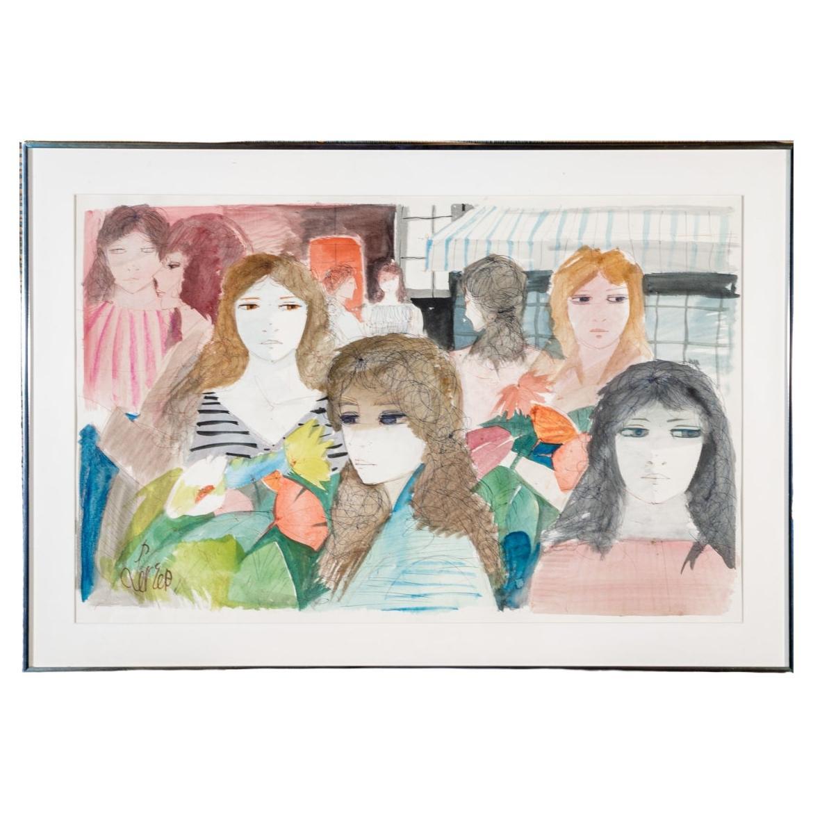 Charles Levier (French, 1920 - 2003) Large Watercolor & Ink Group Of Women For Sale