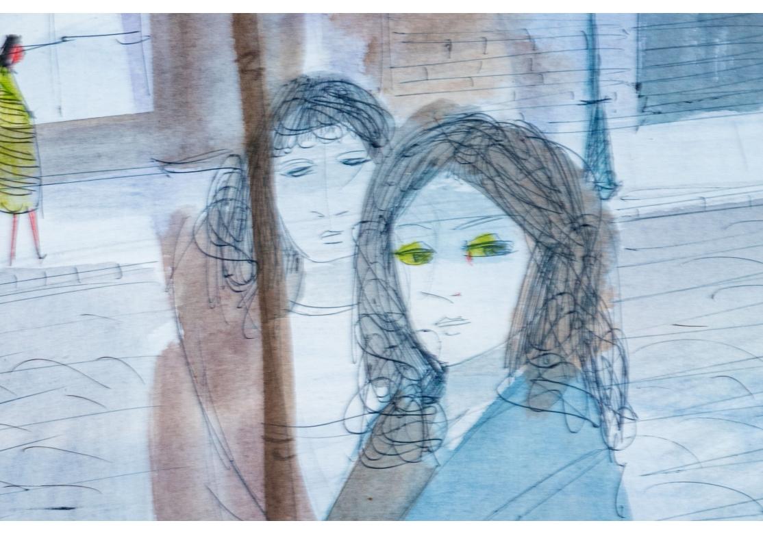 Aquarelle et encre représentant une scène figurative avec un arlequin et deux femmes à droite avec des expressions pleines de tristesse et des yeux baissés. Une fenêtre à gauche donne sur la rue et deux autres femmes regardent à