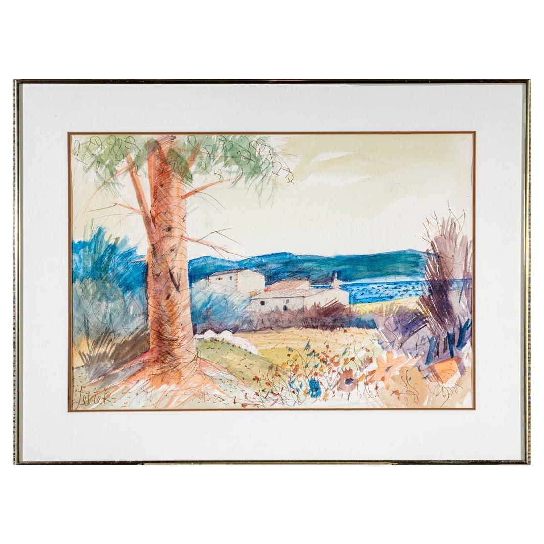 Charles Levier (French, 1920 - 2003) Large Watercolor & Ink Landscape For Sale