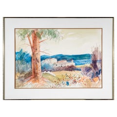 Vintage Charles Levier (French, 1920 - 2003) Large Watercolor & Ink Landscape