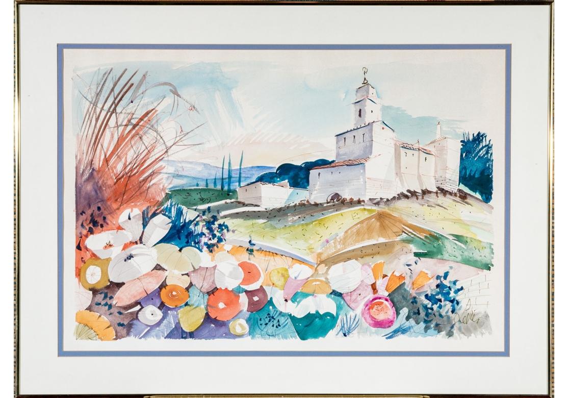 Watercolor and ink depicting a landscape with colorful flowers in the foreground, a sun-baked white church in the background with red tiled roof and a steeple. The landscape is set against rolling hills, cypress trees and pastel sky.
Signed lower