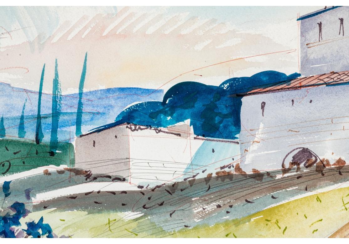 Mid-Century Modern Charles Levier (French, 1920 - 2003) Large Watercolor & Ink Landscape W/Flowers For Sale