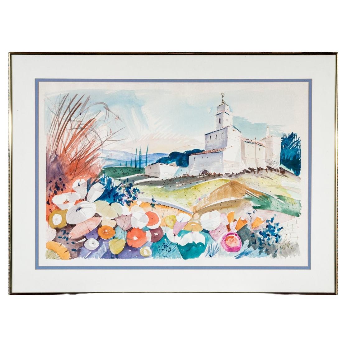 Charles Levier (French, 1920 - 2003) Large Watercolor & Ink Landscape W/Flowers For Sale
