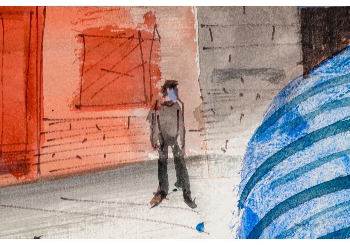 Acquerello e inchiostro che raffigura una donna a destra vestita con una pelliccia a righe blu, con gli occhi sfumati di blu e con in mano un grande bouquet floreale. Sullo sfondo si vedono altre figure, strutture coperte e la strada.
Presentato in