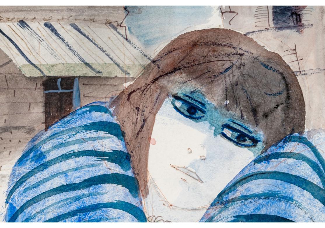 Charles Levier (French, 1920 - 2003) Large Watercolor & Ink Melancholy Woman   In Good Condition For Sale In Bridgeport, CT