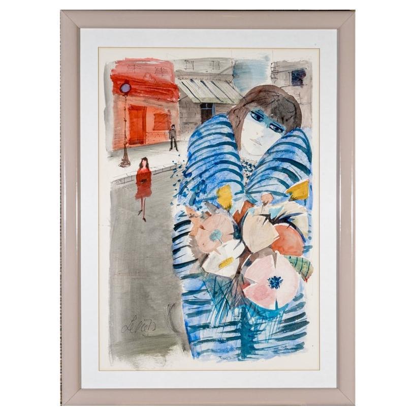 Charles Levier (francese, 1920 - 2003) Grande acquerello e inchiostro Donna malinconica