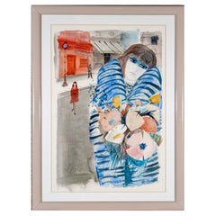 Charles Levier (francese, 1920 - 2003) Grande acquerello e inchiostro Donna malinconica