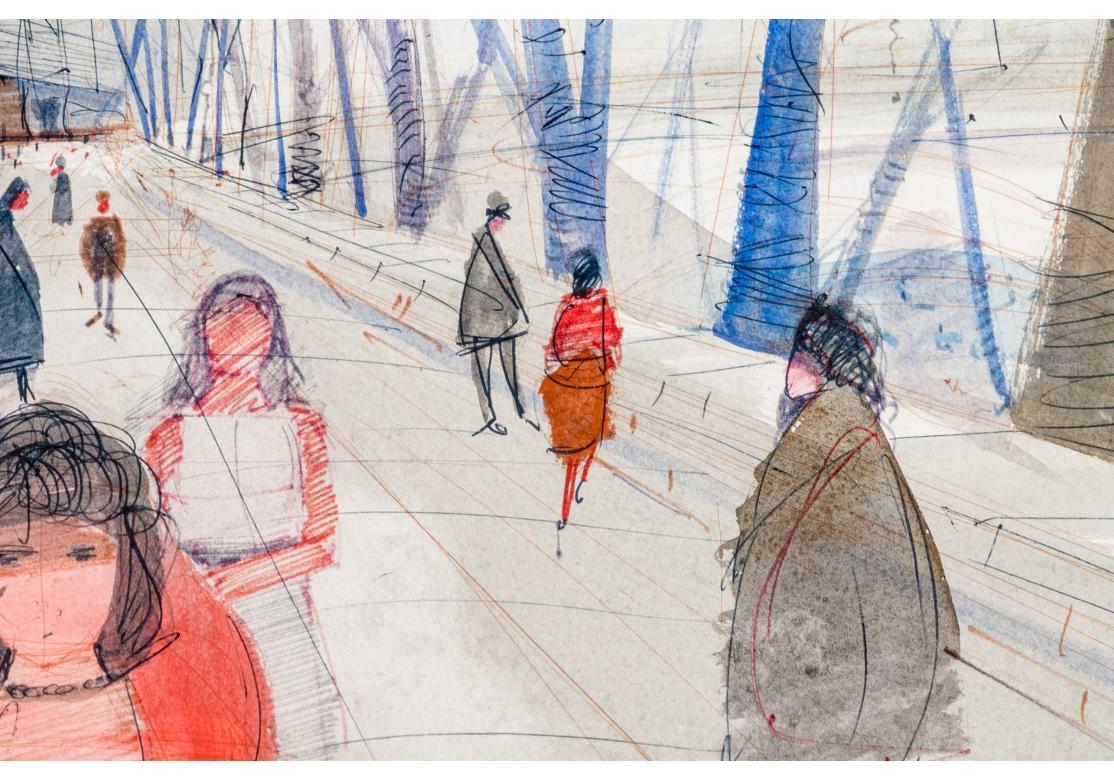 Charles Levier (francés, 1920 - 2003) Gran escena callejera invernal en acuarela y tinta en venta 2