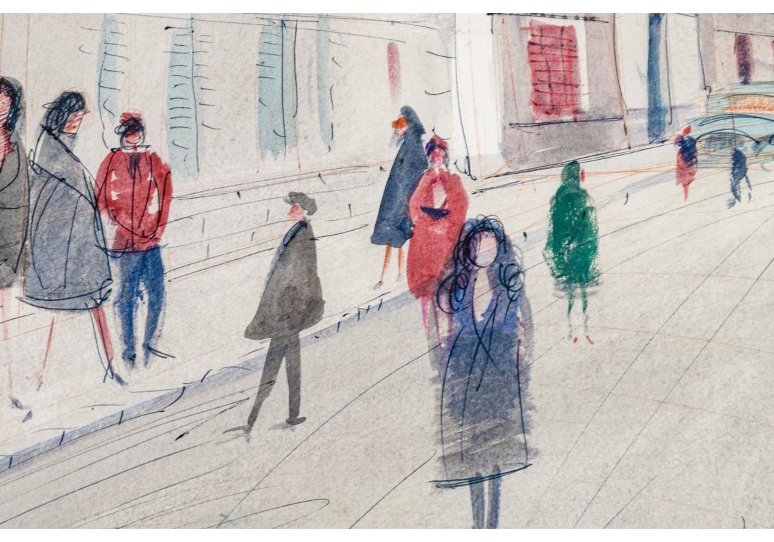Aquarelle et encre représentant une scène de rue hivernale avec des personnages colorés marchant à la fois sur le trottoir et dans la rue le long du canal. Le canal est bordé d'arbres dénudés qui font face aux structures blanches de la ville.