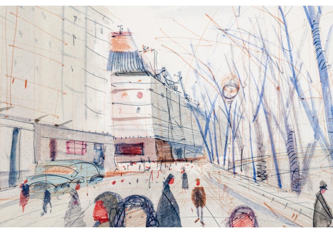 Mid-Century Modern Charles Levier (français, 1920 - 2003) Grande aquarelle et encre Scène de rue d'hiver en vente