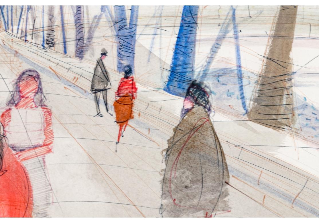 Charles Levier (French, 1920 - 2003) Large Watercolor & Ink Winter Street Scene For Sale 1