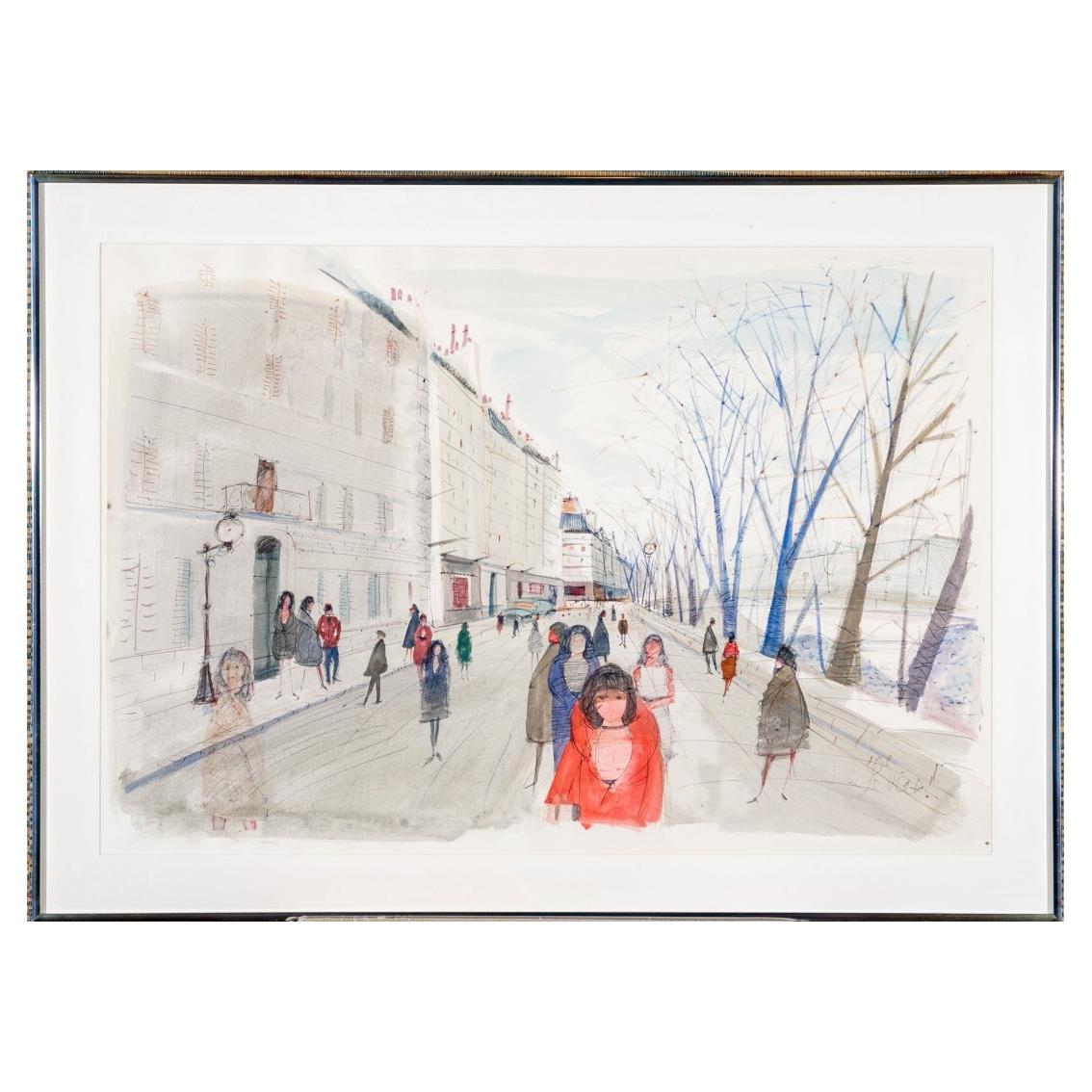 Charles Levier (français, 1920 - 2003) Grande aquarelle et encre Scène de rue d'hiver en vente
