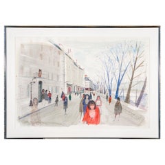 Retro Charles Levier (French, 1920 - 2003) Large Watercolor & Ink Winter Street Scene