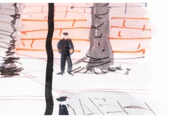 Charles Levier (French, 1920 - 2003) Large Watercolor & Ink Woman With Blue Hat