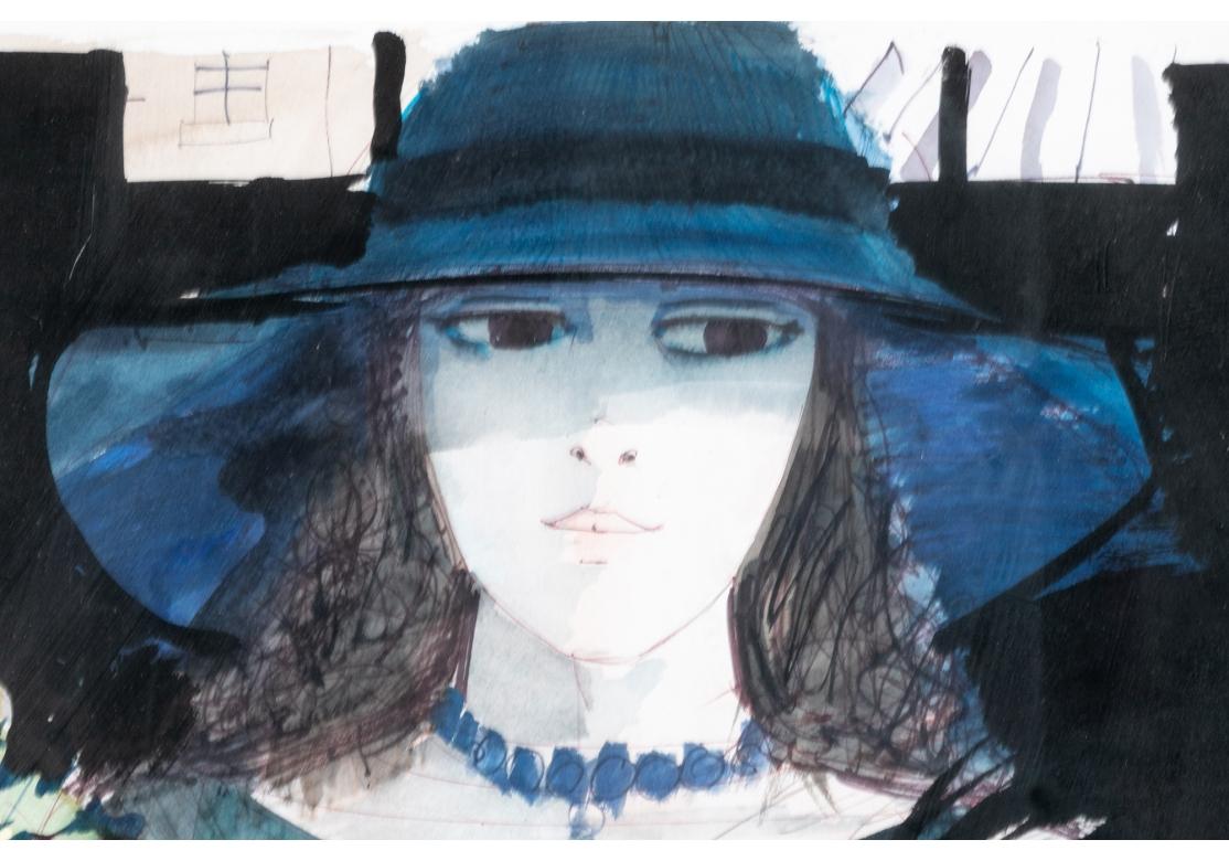 20ième siècle Charles Levier (Français, 1920 - 2003), grande aquarelle et encre représentant une femme au chapeau bleu en vente