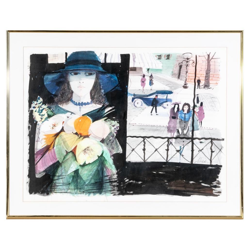 Charles Levier (Français, 1920 - 2003), grande aquarelle et encre représentant une femme au chapeau bleu en vente
