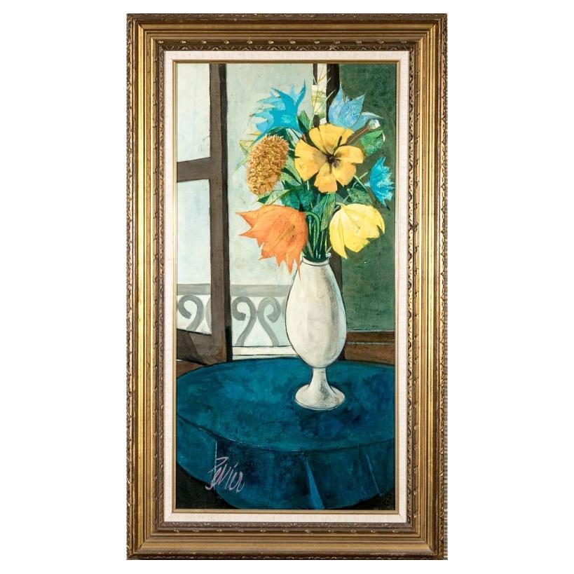 Charles Levier (français, 1920-2003) Huile sur toile Fleurs à La Fenêtre en vente