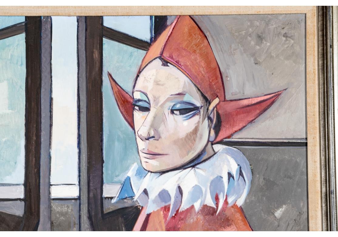 Mid-Century Modern Charles Levier (Français, 1920 - 2003) Huile sur toile Harlequin en rouge en vente