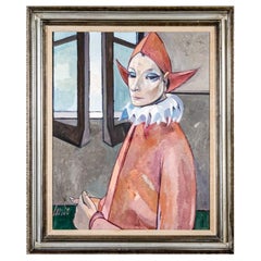 Vintage Charles Levier (French, 1920 - 2003) Oil On Canvas Harlequin In Red