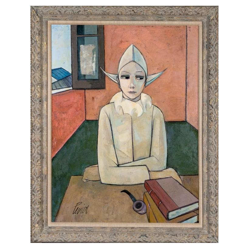 Charles Levier (French, 1920 - 2003) Oil On Canvas Portrailt Of A Seated Acrobat For Sale