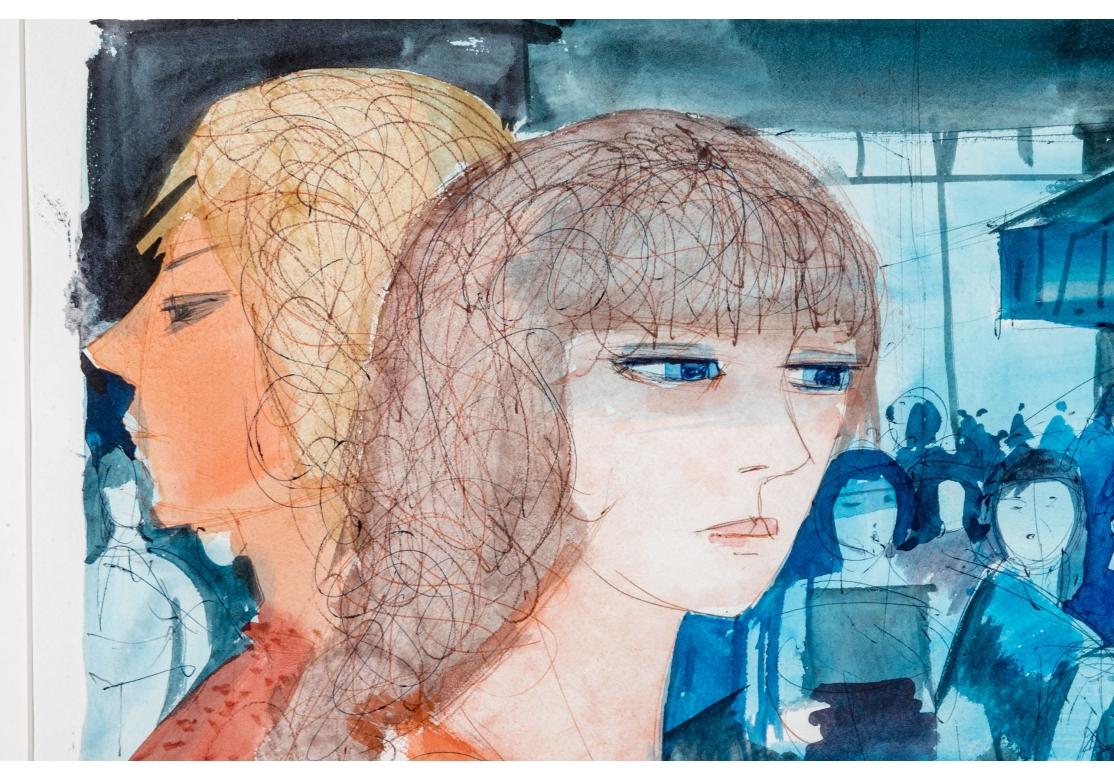 Aquarelle et encre représentant deux femmes en rose se tenant dos à dos sur la gauche. D'autres personnages, dans des tons bleus, se trouvent peut-être dans un café en plein air, sous un auvent rayé.
Présenté dans un cadre en nickel de couleur or,