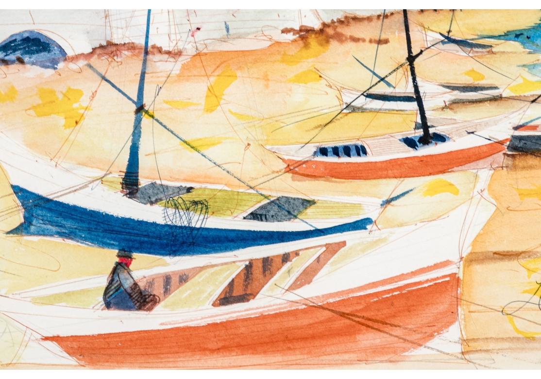 Watercolor and ink coastal scene depicting colorful boats moored on the sandy beach in the foreground along with a female figure to the lower left. Sun washed white stucco structures stand behind a retaining wall and the ocean with blue rolling