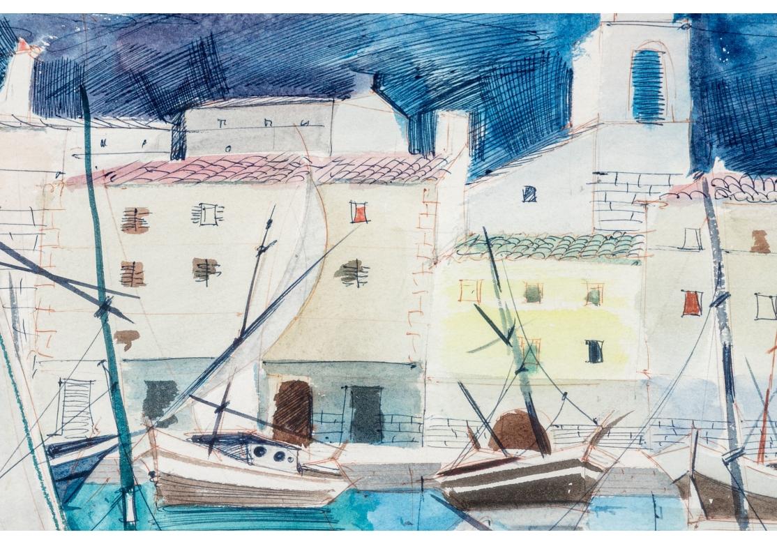 Watercolor and ink depicting a coastal scene with two sailboats in the foreground of the marina with other moored vessels in the background. The watercolor with white-sun bleached structures with pastel roofs and blue rolling hills in the