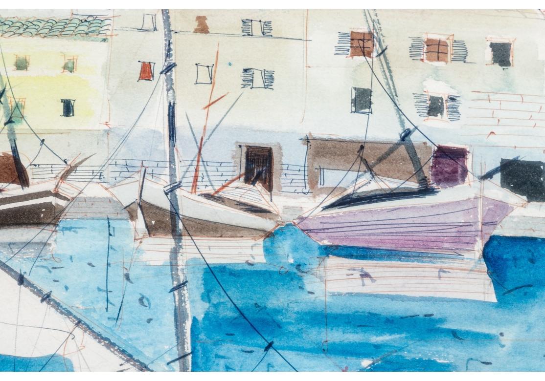 Mid-Century Modern Charles Levier (français, 1920 - 2003) - Aquarelle et encre - Scène côtière signée en vente