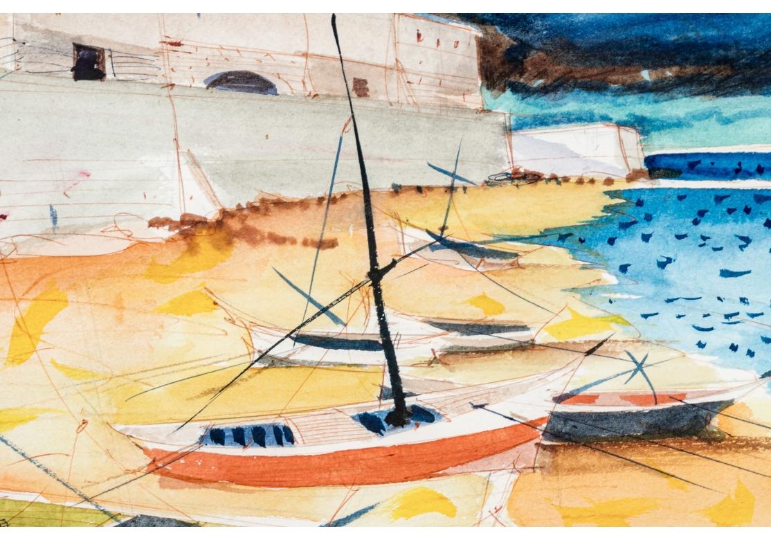 Peint à la main Charles Levier (français, 1920 - 2003) - Aquarelle et encre - Scène côtière signée  en vente