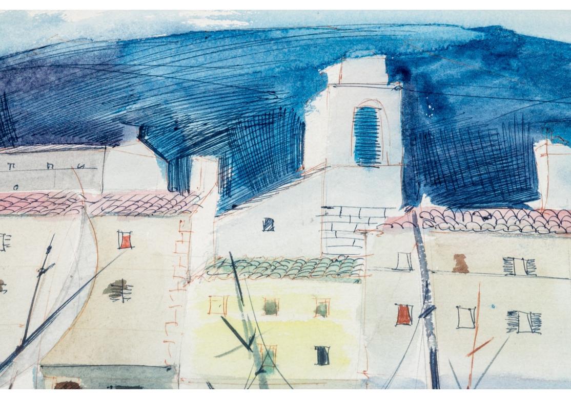 Peint à la main Charles Levier (français, 1920 - 2003) - Aquarelle et encre - Scène côtière signée en vente