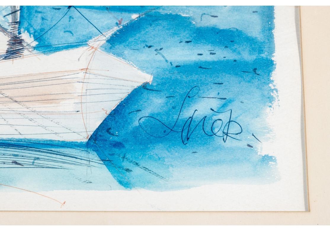 Metal Charles Levier (French, 1920 - 2003) - Signed Watercolor & Ink Coastal Scene For Sale