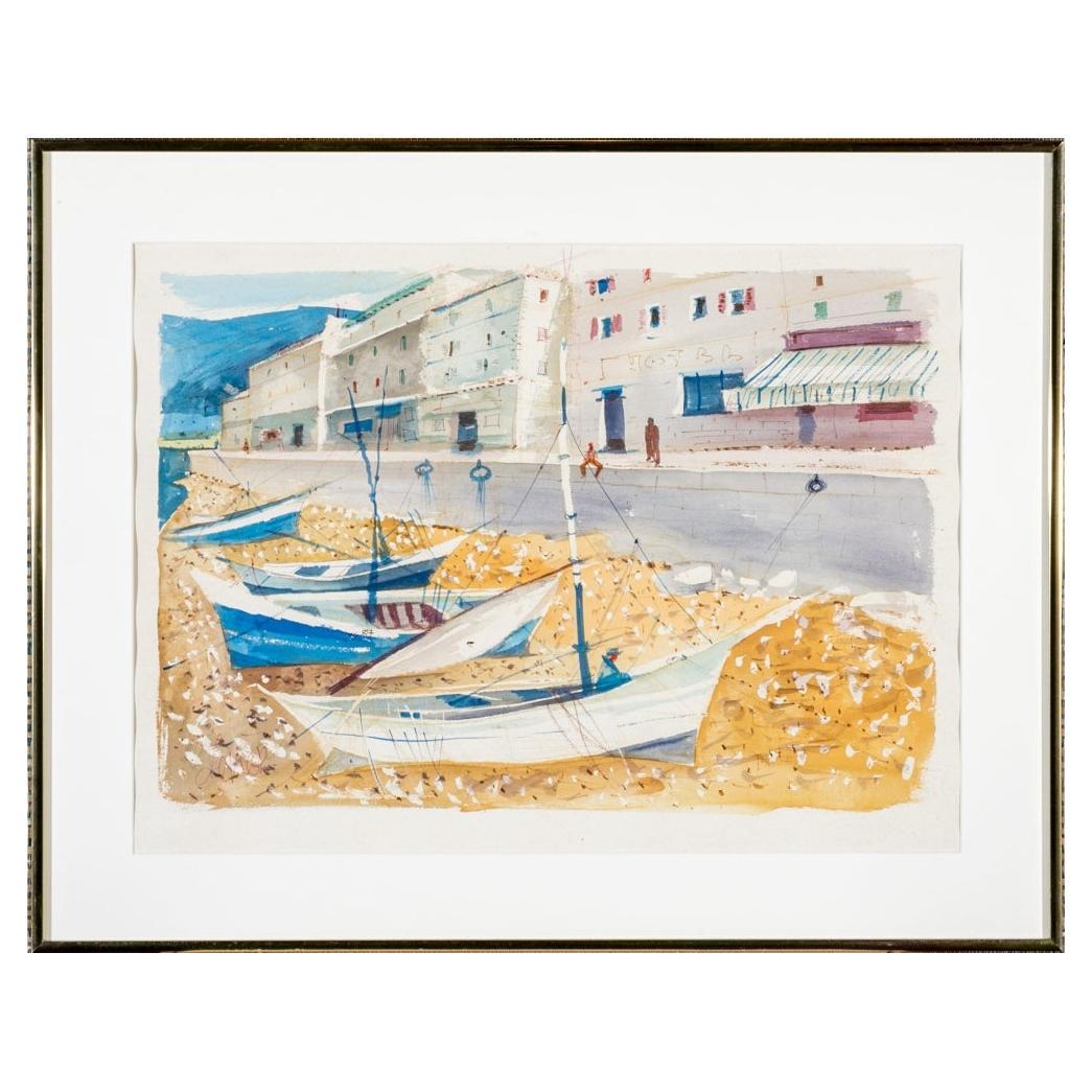 Charles Levier (French, 1920 - 2003) - Signed Watercolor & Ink Coastal Scene For Sale