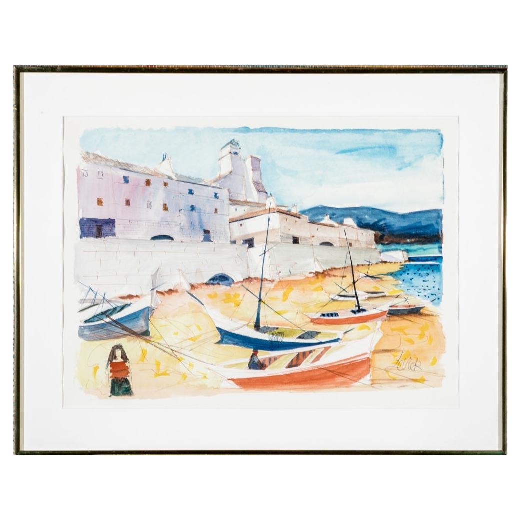 Charles Levier (French, 1920 - 2003) - Signed Watercolor & Ink Coastal Scene  For Sale
