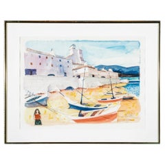 Retro Charles Levier (French, 1920 - 2003) - Signed Watercolor & Ink Coastal Scene 