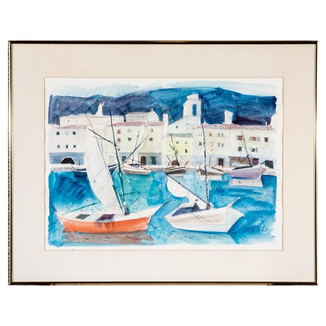 Charles Levier (francés, 1920 - 2003) - Escena costera firmada en acuarela y tinta