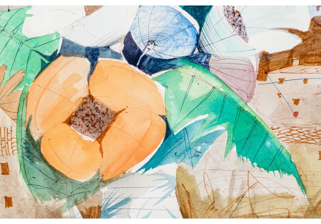 Charles Levier (francés, 1920 - 2003) - Ramillete floral firmado en acuarela y tinta Metal en venta