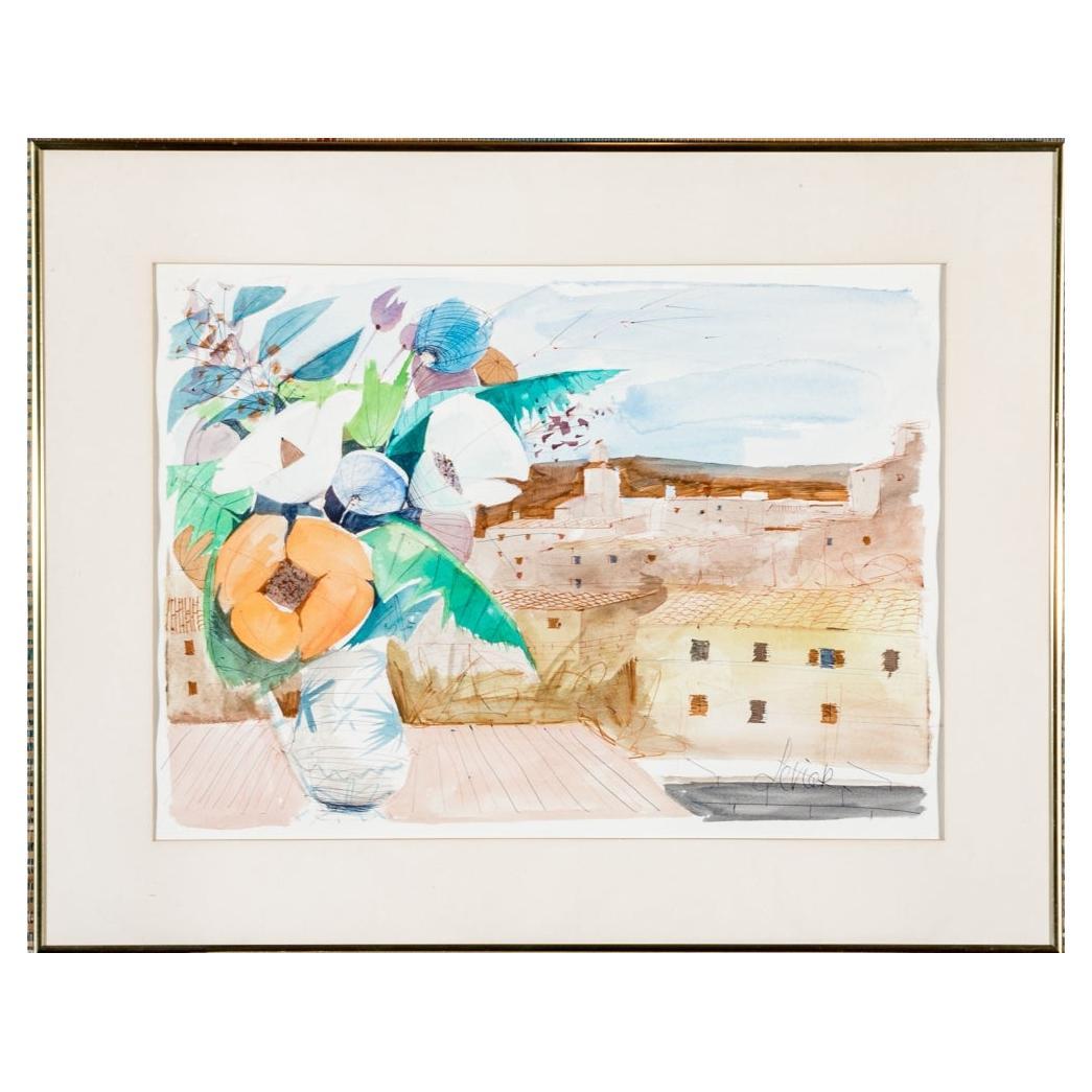Charles Levier (francese, 1920 - 2003) - Bouquet floreale acquerellato e inchiostrato firmato