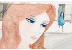 Charles Levier (francés, 1920 - 2003) - Acuarela y tinta firmada Niña con flores