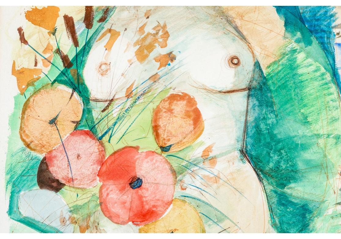 Mid-Century Modern Charles Levier (French, 1920 - 2003) - Signed Watercolor & Ink Nude With Flowers For Sale