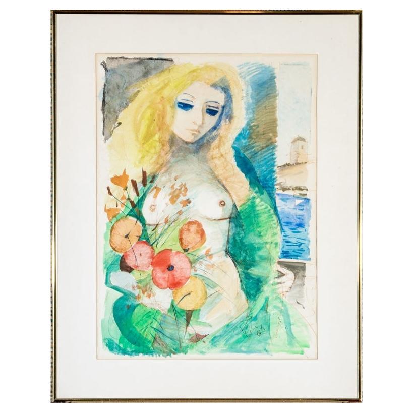 Charles Levier (Français, 1920 - 2003) - Aquarelle et encre, nu avec fleurs, signée