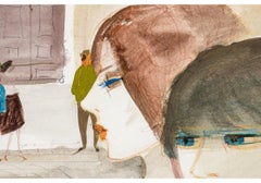 Charles Levier (français, 1920 - 2003) - Aquarelle et encre - Scène de rue signée