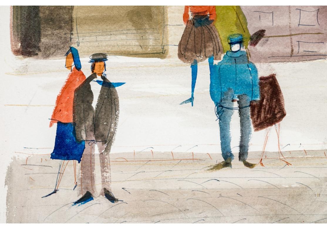 Hand-Painted Charles Levier (French, 1920 - 2003) - Signed Watercolor & Ink Street Scene  For Sale