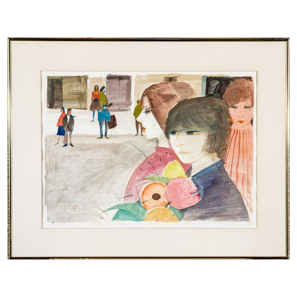 Charles Levier (French, 1920 - 2003) - Signed Watercolor & Ink Street Scene  For Sale